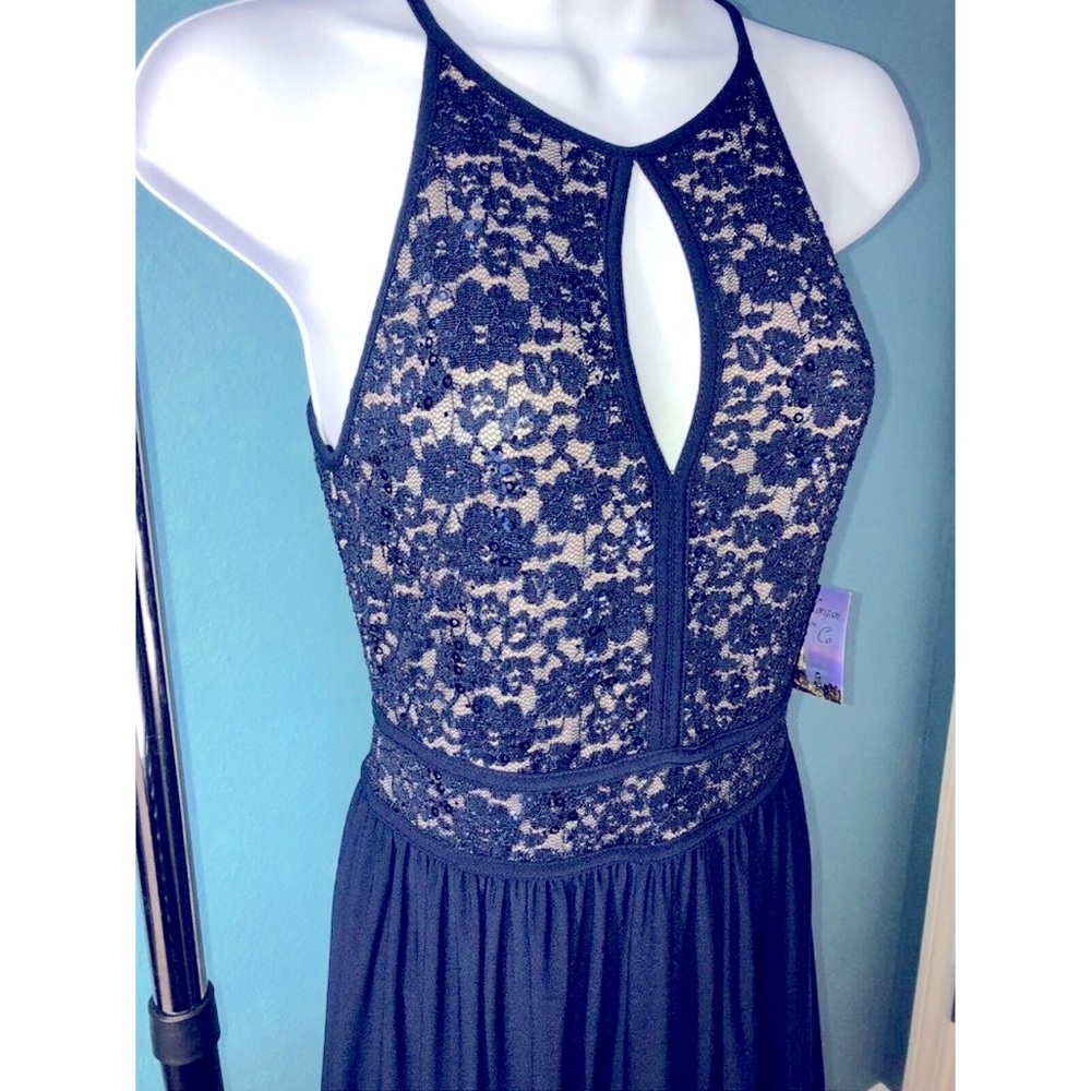 NWT Morgan & Co. Halter Top Long Prom Dress, Navy Blue, Size 8
